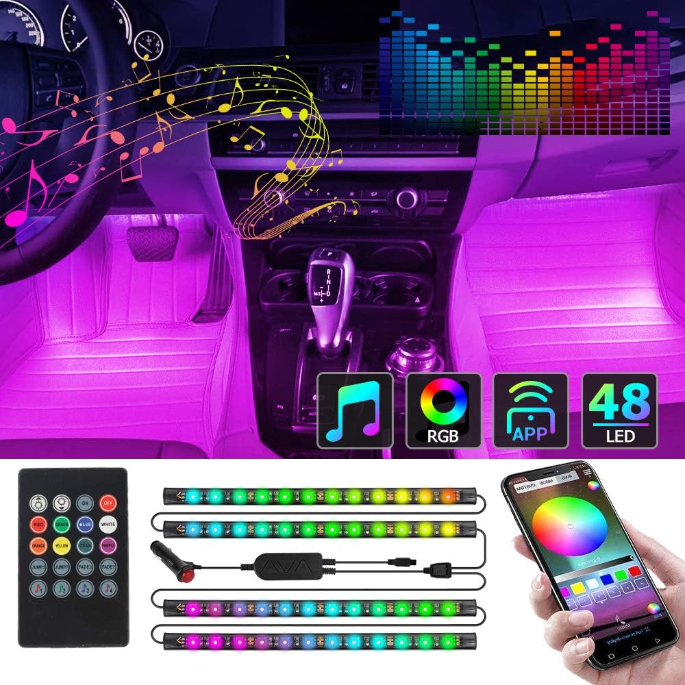 CT CAPETRONIX Interior Car Lights, Car led strip lights interior with APP and IR Remote, Upgrade 2-in-1 4pcs Waterproof RGB 48 LEDs Music Car LED Lights Under Dash Lighting Kit with Car Charger DC 12V: Automotive