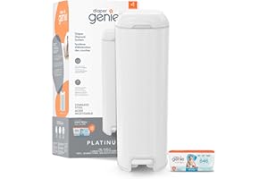 Diaper Genie Platinum Diaper Pail, White - Made in Durable Stainless Steel and Includes 1 Easy Roll Refill with 18 Bags
