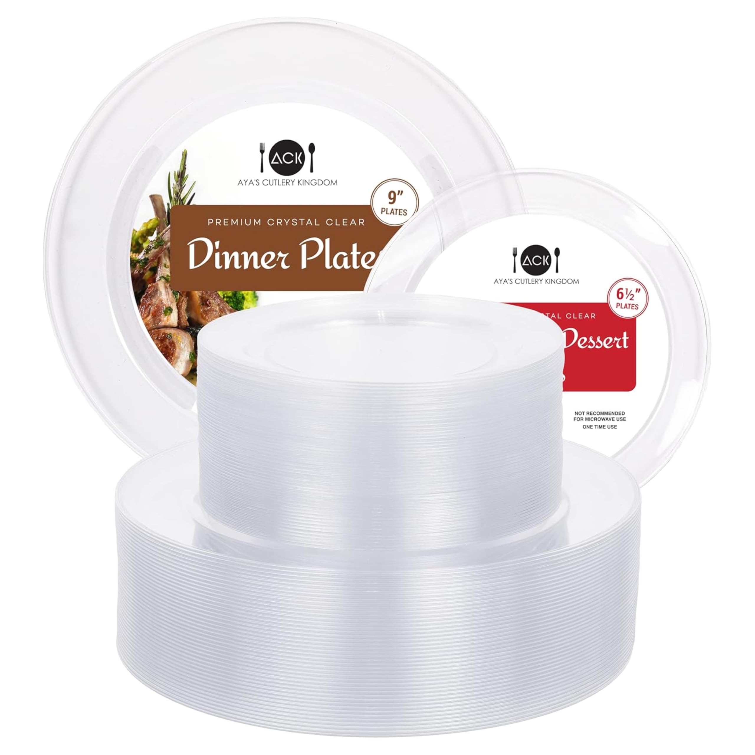 Aya's Cutlery Kingdom 100 Clear Plastic Plates for Party - Heavy Duty Disposable Set of 50 Dinner and 50 Dessert Plates - Elegant Plastic Disposable Plate for Weddings, Parties, and Special Events Image