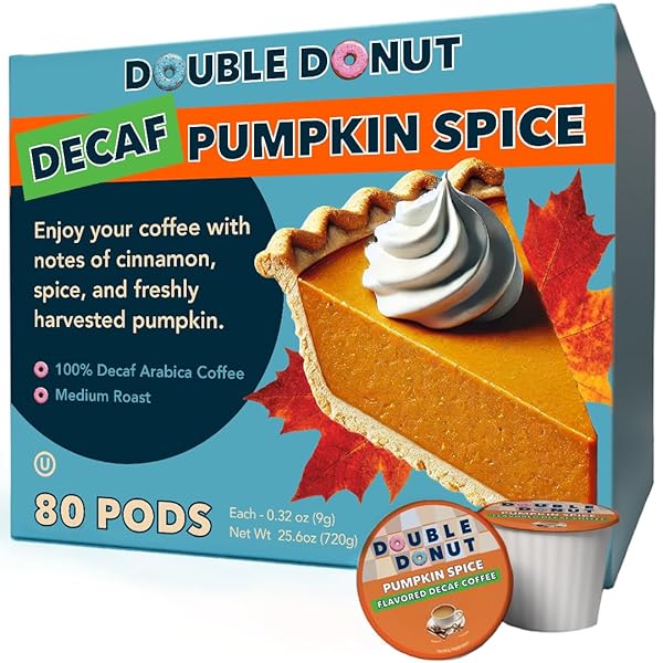 DOUBLE DONUT COFFEE MEDIUM ROAST DECAF COFFEE PODS, PUMPKIN SPICE FLAVORED, FOR KEURIG K-CUP MACHINES, 80 SINGLE-SERVE CAPSULES PER BOX