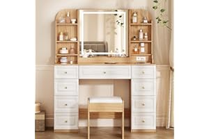 YYJ Makeup Vanity Desk with Mirror and Lights, & Power Outl,Glass Top Big Vanity Table with 9 Drawers& 8 Storage Shelves,Dressing Table Set with Chair for Bedroom,Oak+White