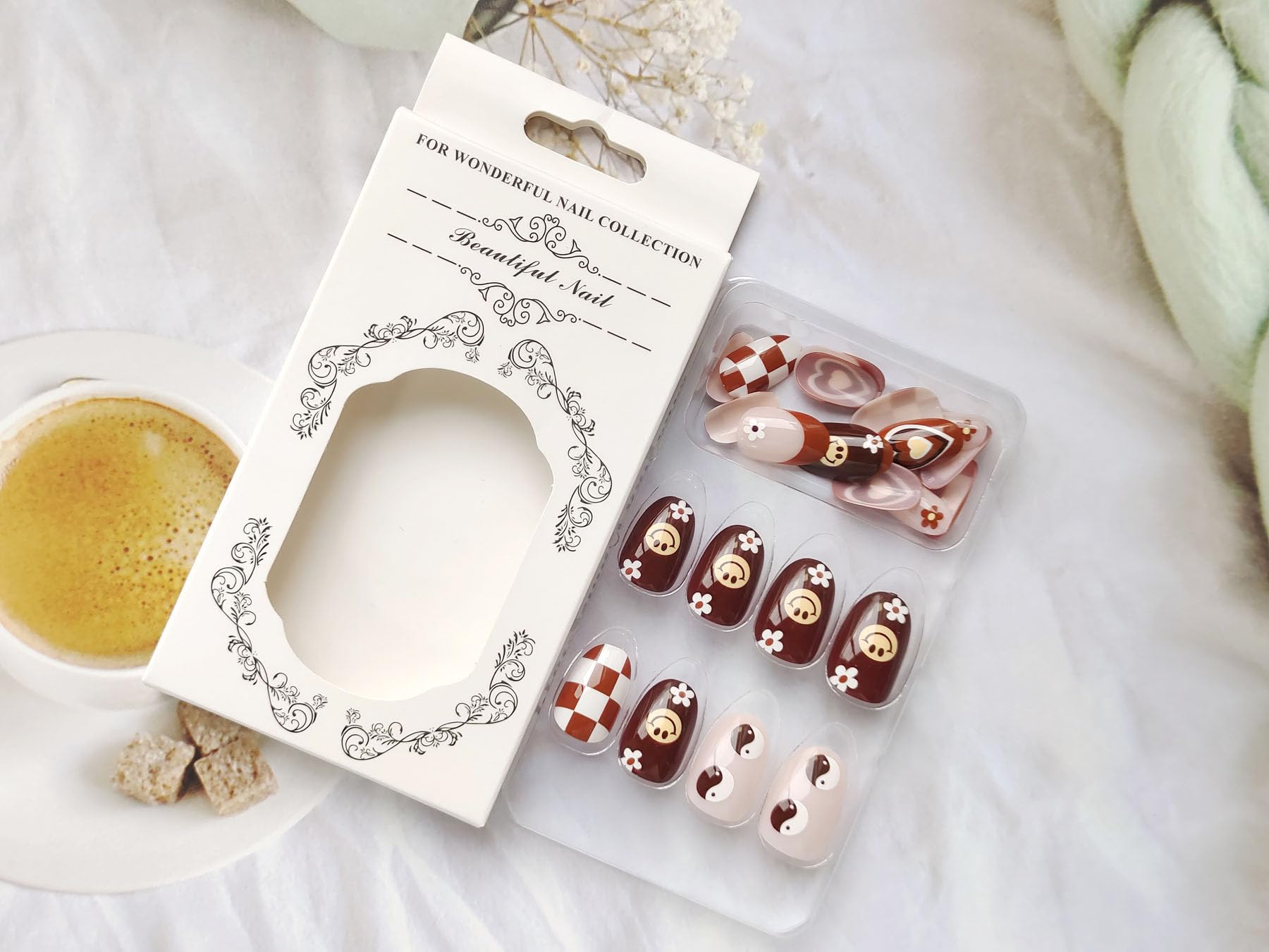 Short Press on Nails Fall Cute Face Fake Nails Winter Brown Oval Glue on Nails Glossy Coffee with Checkerboard Flower Heart Design Short Nails Full Cover French Tip False Nails for Women Girls - Image 6