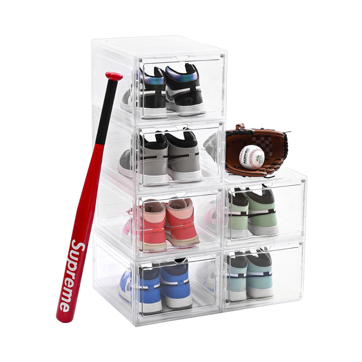 Photo 1 of Uni HIMO Drop Front Shoe Box with Clear Door,6 pack Plastic Shoe Boxes Stackable,Thicken & Sturdy Organizer Containers For Sneakers,Fit up to US Size 12(13.5”x 10.5”x 7.4”)