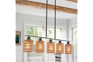 Widluth Farmhouse 5-Lights Hand Woven Rattan Chandelier Light Fixture, Vintage 39.4" Black Kitchen Island Lighting, Retro Bamboo Black Chandelier for Dining Room, Bar, Living Room