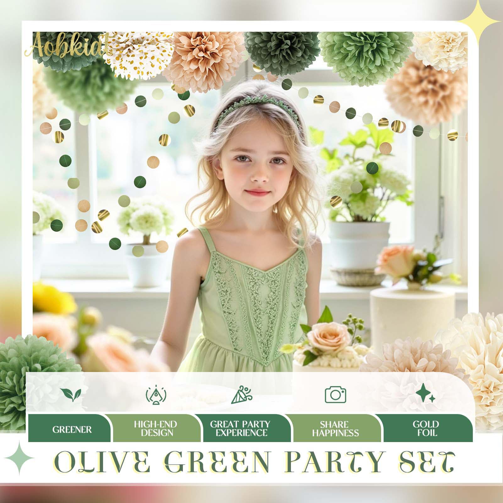 AOBKIAT Sage Green Wedding Party Decorations,28 PCS Tissue Paper Pom Poms,Circle Dots Garland Paper Tassels Hanging Backdrop for Girl Women Birthday,Bridal Baby Shower,Boho Wedding Party Supplies