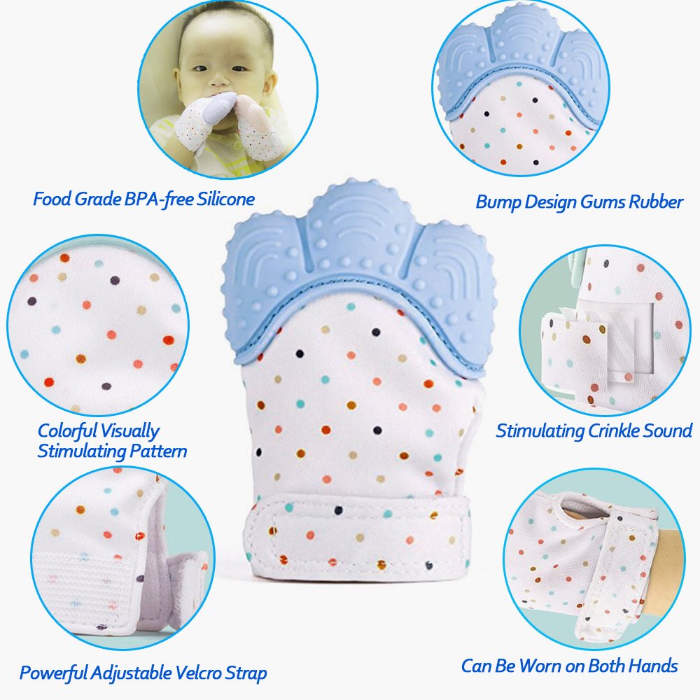 Teething Mitten, SZHSR Baby Self Soothing Teether Mitten BPA Free Teething Pain Relief Toy Wearable for Left & Right Hand for Unisex 2 - 8 Months Babies. (Blue, 2PSC)