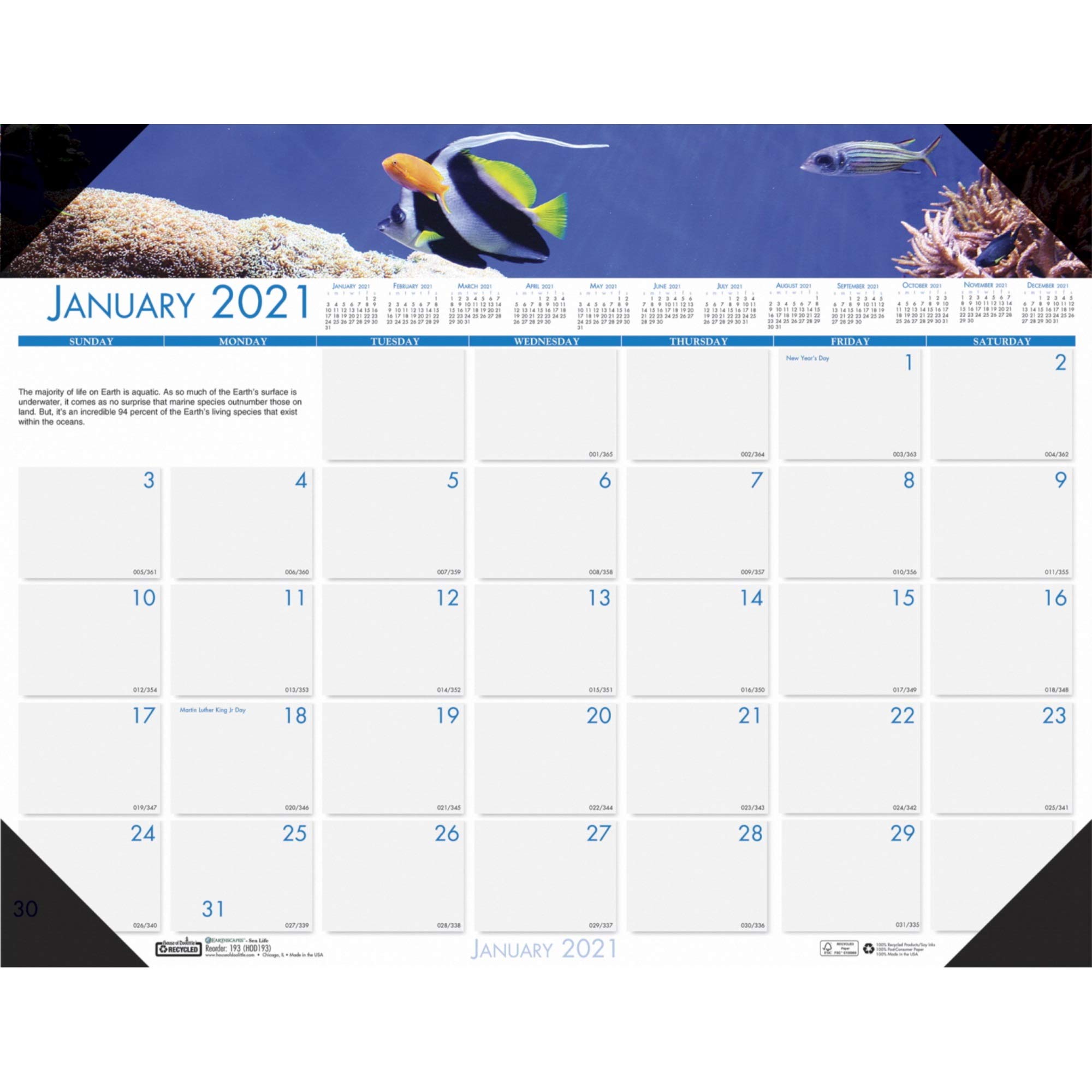 House of Doolittle 2021 Monthly Desk Pad Calendar, Earthscapes Sea Life, 22 x 17 Inches, January - December (HOD193-21)