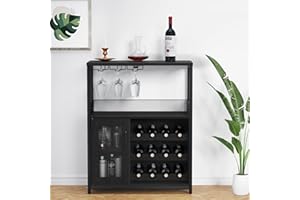 Loumernhant Bar Cabinet, Industrial Wine Cabinet with Removabl Glass Rack, Liquor Storage Cabinet with Adjustable Wine Rack, Home Bar with Mesh Doors and Baffle, Black Without Light