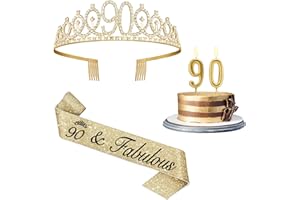 90th Birthday Decorations for Women Gold, Birthday Sash and Tiara, Gold Number 90 Candles, 90th Gifts for Women