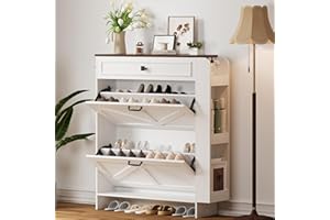 IRONCK Shoe Storage Cabinet with 2 Flip Drawers & Barn Door Design, Freestanding Shoe Cabinet Organizer with Drawer and Shelves for Entryway, Farmhouse Shoe Rack Cabinet, White/Walnut