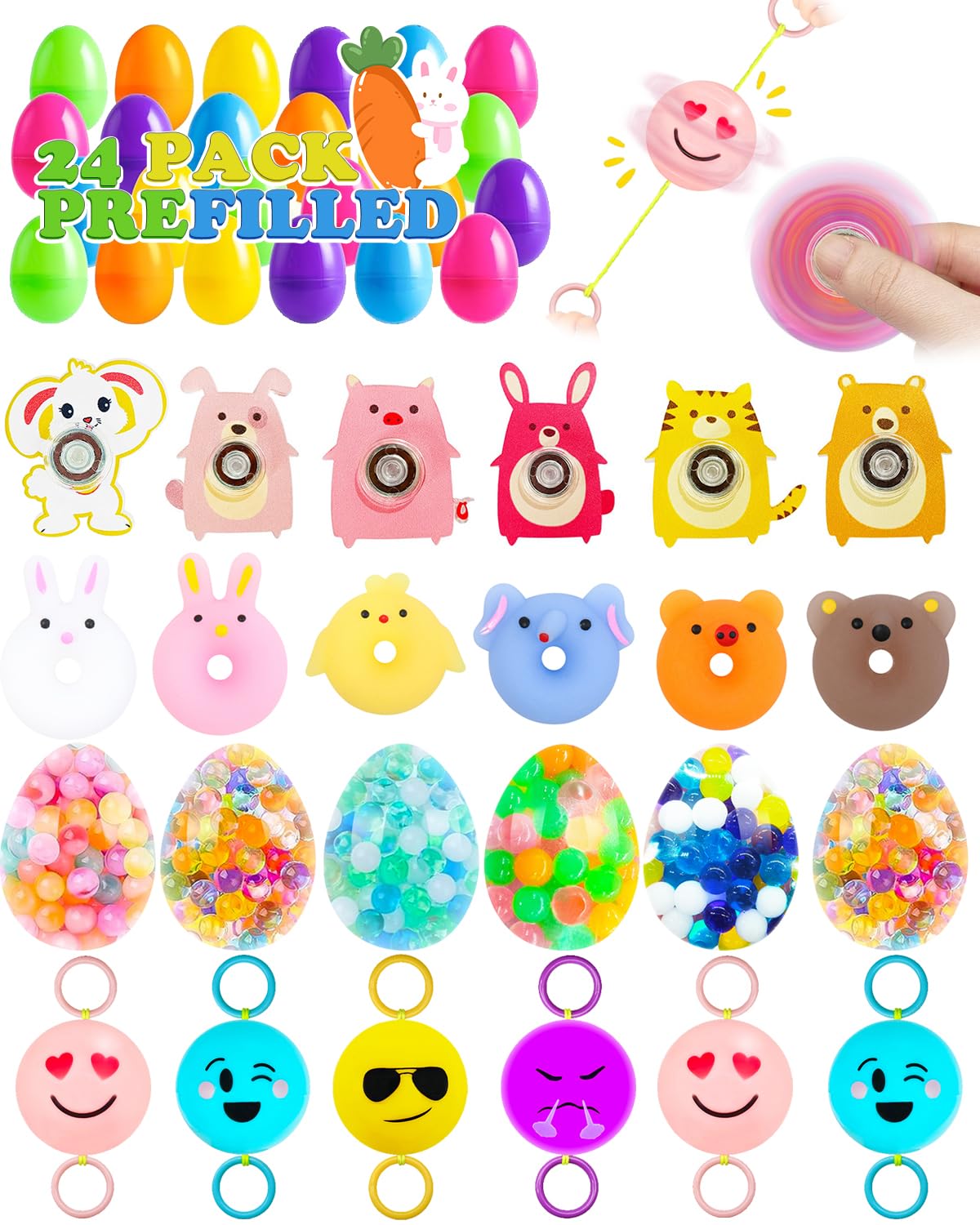 24 Pack Prefilled Easter Eggs, Plastic Easter Eggs with Toys Inside, Includes Rotating Balls, Fidget & Squishy Toys for Kids Egg Hunt, Basket Stuffers Fillers, Classroom Prize and Party Favors
