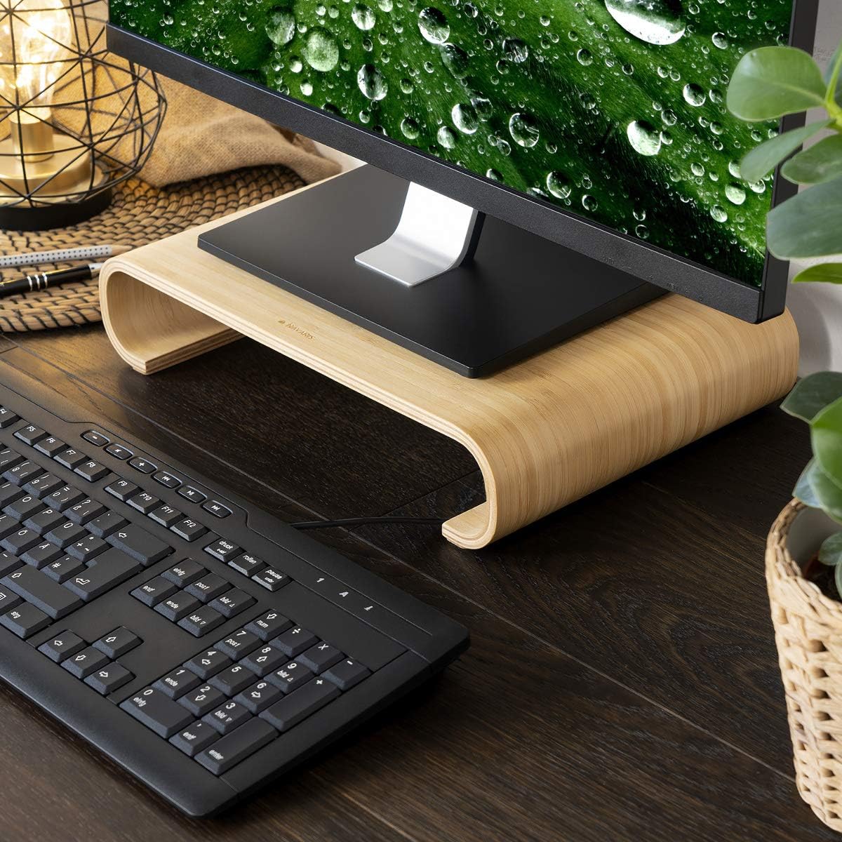 Navaris Computer Monitor Wood Stand - Universal Desk Monitor Holder - Desktop Dock Wooden Mount Display Riser for PC TV Laptop - Bamboo - Image 3