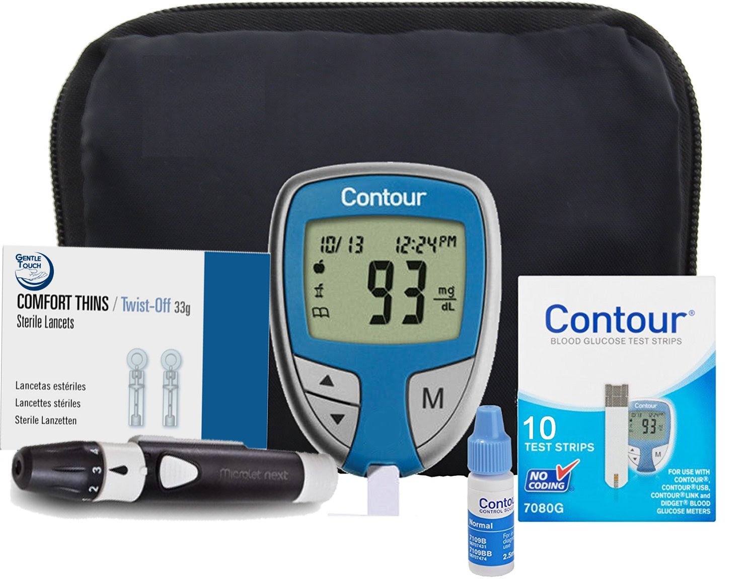 Amazon.com: WBM Bayer Contour Diabetes Blood Glucose Testing Kit, METER, 10 Test  Strips, 10 Lancets, Lancing Device, Manual, Log Book & Carry Case (10): ...