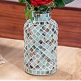 Classic Mosaic Flower Vase for Home Decor, 8”(H) Glass Handmade Table Centerpiece Container for Office, Living Room Kitchen, 