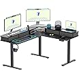 FLEXISPOT 63'' L Shaped Standing Desk Electric Corner Table with Monitor Shelf, 4 Storage Drawers, Adjustable Computer Workstation for Home, Office, Game, Studio, USB Charger, Black Top + Black Frame