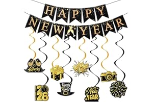 HEYPRIIL Happy New Years Decorations 2026, New Year Eve Party Supplies Banner with 8 Pcs Hanging Swirls for NYE Eve Party Supplies Black Gold
