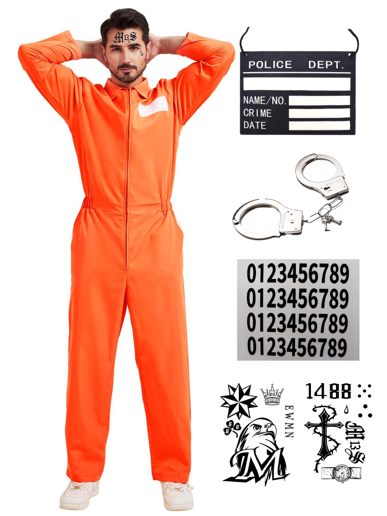 Dzorim Orange Prisoner Costume Prison Jumpsuit Convict Suit Costume Jail Onesie Men Fancy Dress Mens Orange Prisoner Outfit Overalls — image 1