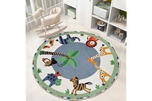 USTIDE Round Animals Kids Rug 4FT, Green Cartoon Play Mat Kids Area Rug Soft and Non-Slip Carpet for Nursery Playroom Children Bedroom Living Room Decor