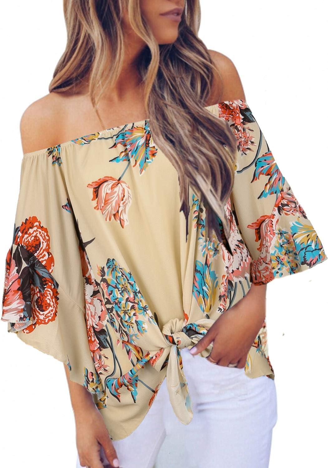 AsvividWomens Casual Boho Floral Print 3/4 Flare Sleeve Blouses Summer Off The Shoulder Tops Tie Knot Shirts