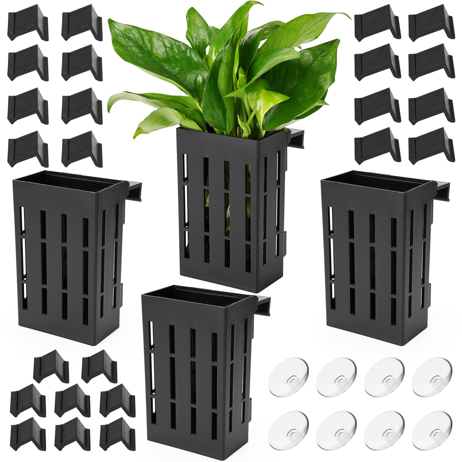 Borlech Upgraded Aquarium Plant Holder with Hooks and Suction Cups for Fish Tank Aquaponic Plants Cultivation and Aquascape Decorations (Black)