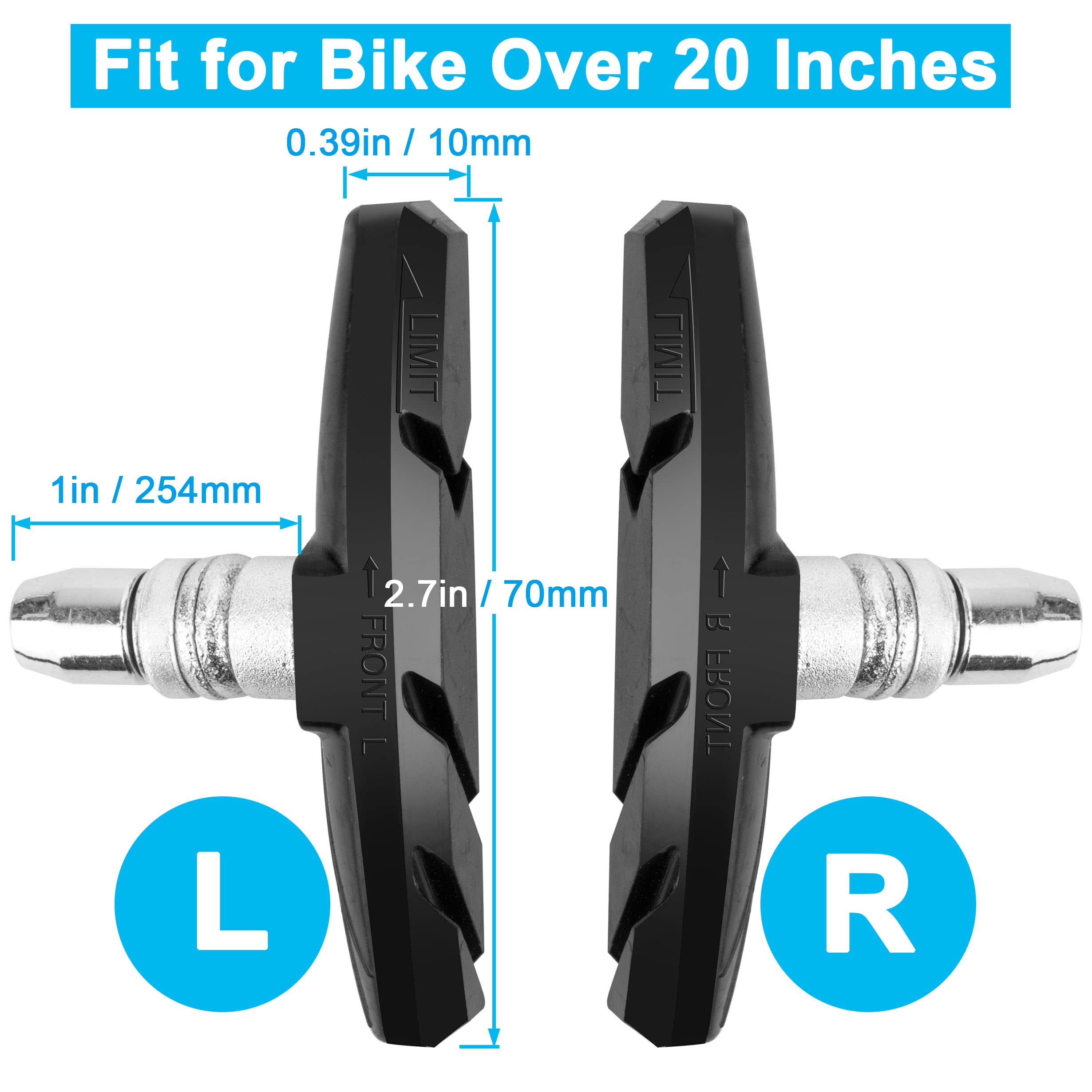 2 Pairs Bike Brakes Pads Set, 70mm for Cruiser MTB Mountain Bicycle Universal V-Brake Blocks with Hex Nut and Shims, No Noise No Skid