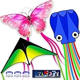 SGftre 3 Piece Set Butterfly Delta and Octopus Kites for Boys and Girls, Beach Kites for Family Outdoor Games & Activities (Gradient Grassland Green+Octopus Blue+Pink Dreamy Butterfly, 3)
