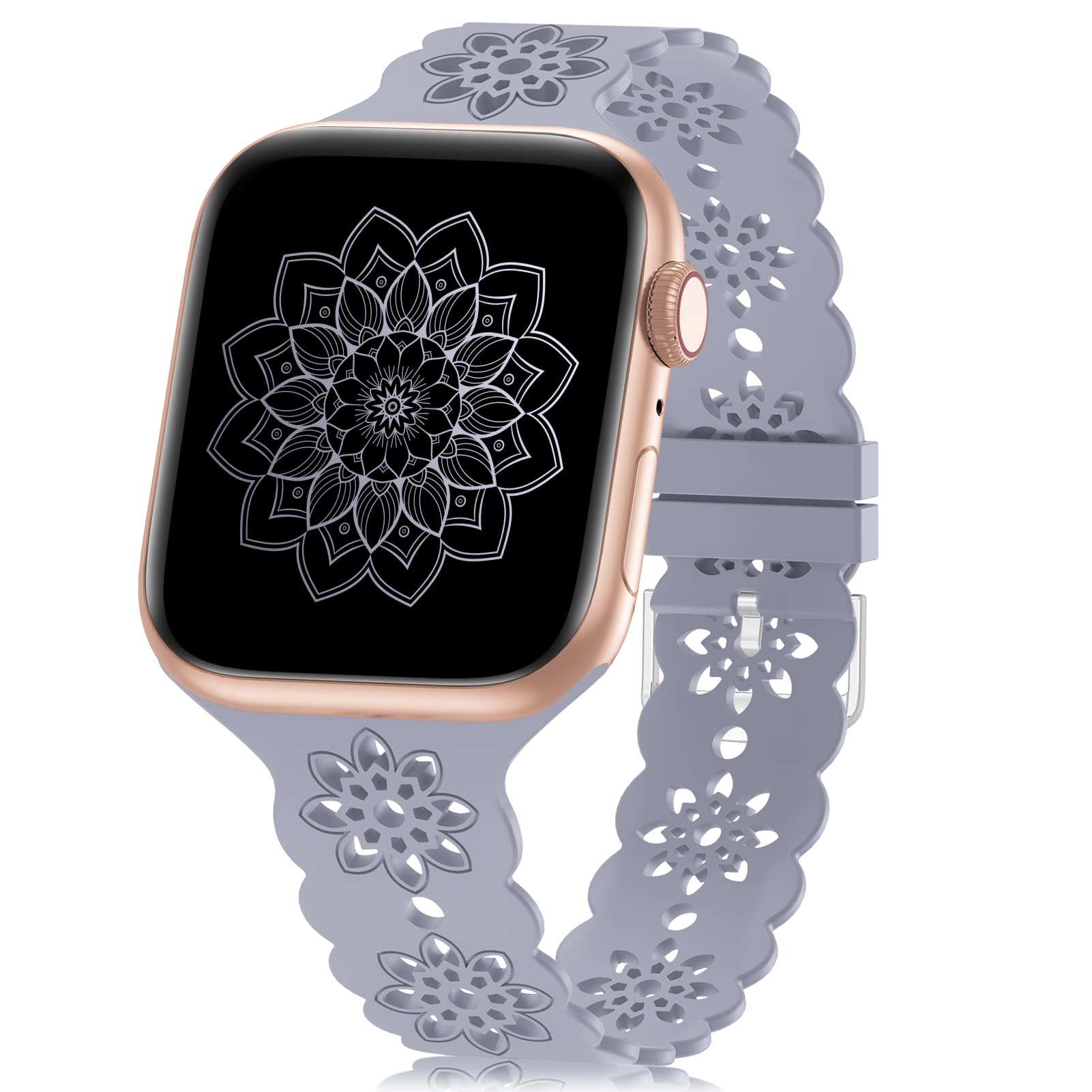 Floral Silicone Band Compatible with Apple Watch Bands 38mm 40mm 42mm 44mm 41mm 45mm 49mm Women Men, Slim Hollow-Out Design Wristbands Soft Sport Breathable Watch Bands for iWatch Ultra SE Series