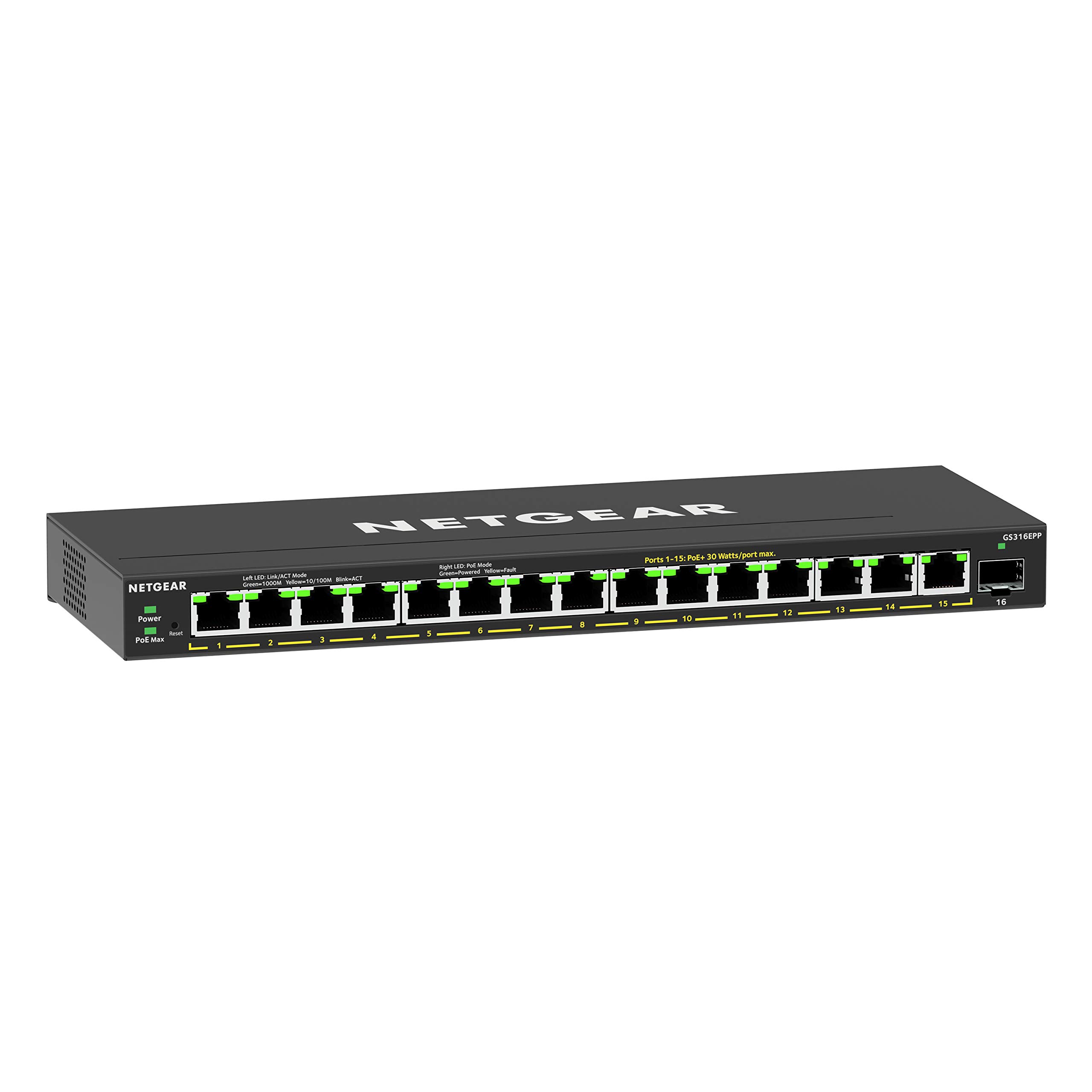 NETGEAR 16-Port PoE Gigabit Ethernet Easy Smart Managed Essentials Switch (GS316EPP) - with 15 x PoE+ @ 231W, 1 x 1G SFP Port, Desktop or Wall Mount Image