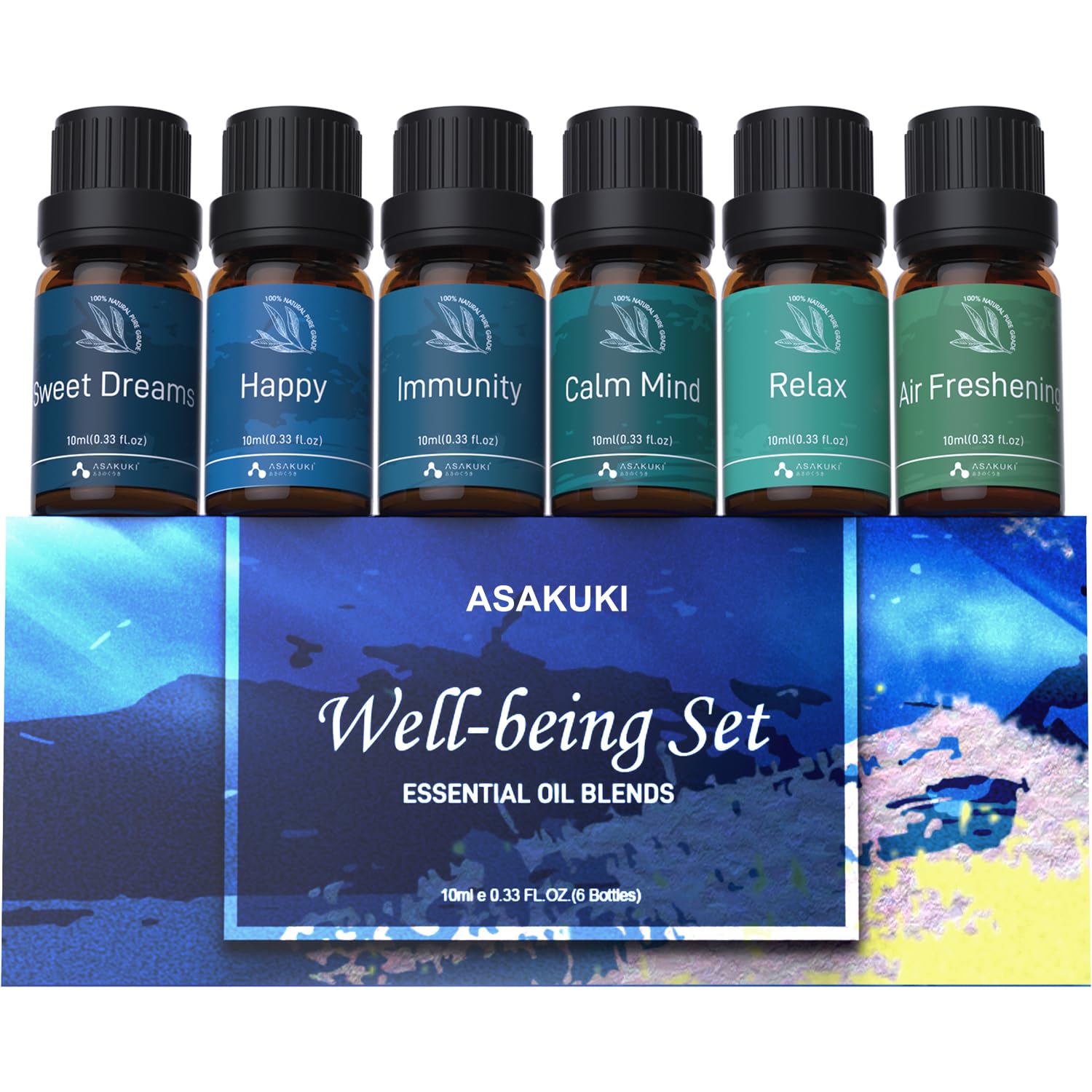 ASAKUKI Essential Oil Blends, Essential Oils Set for Diffusers for Home, Well-Being Kit- Calming, Dreams, Breathe, Relaxing, Mood, Fresh Air for Aromatherapy, Humidifiers, Massage, 6x10ml