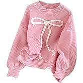 Milumia Girl's Bow Graphic Sweater Crewneck Long Sleeve Oversized Knit Pullover Tops