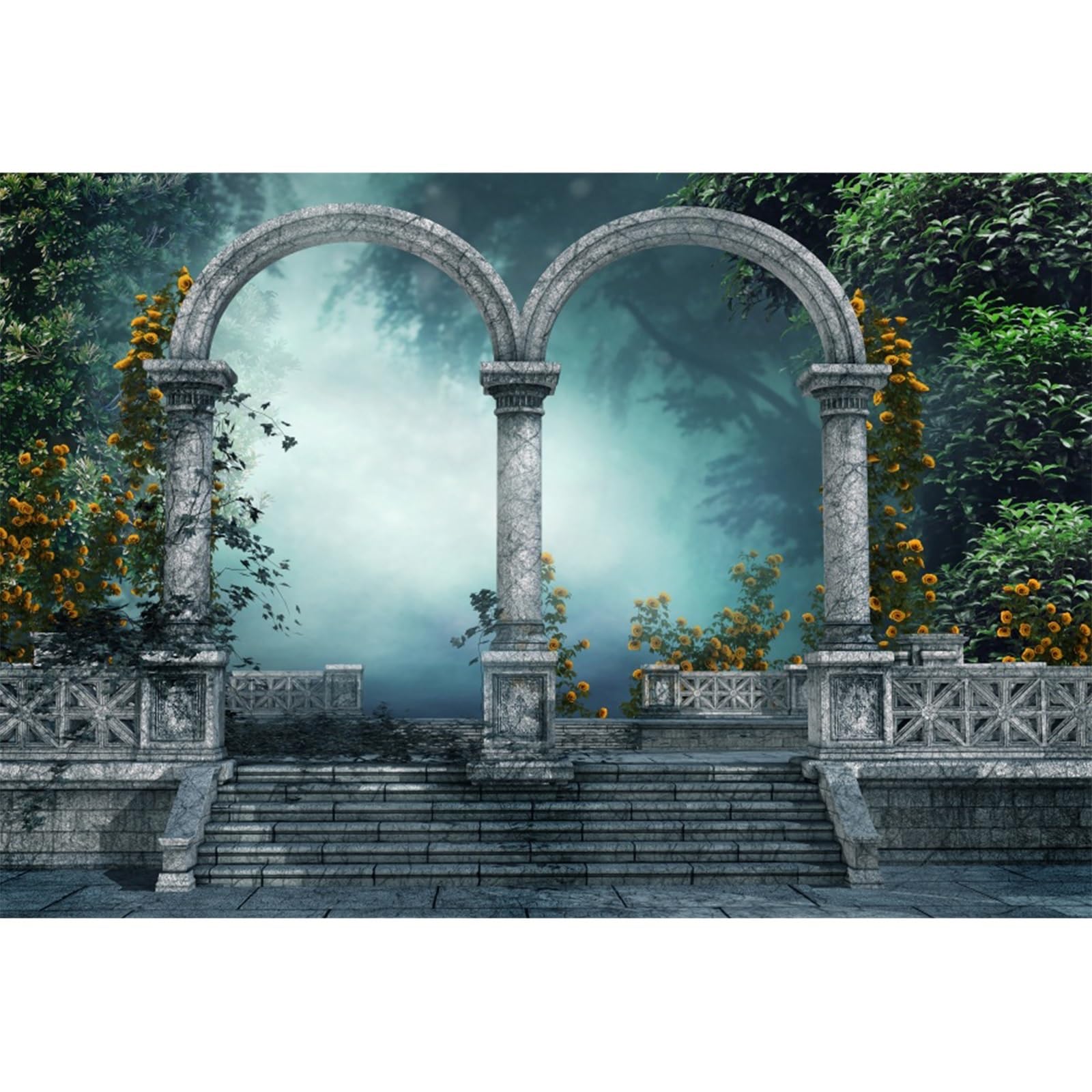 YongFoto 3x2m Large Photo Backdrop Romantic Fairy Tale Background Trees Flowers Vine Arched Door Stairs Marble Floor Backdrop Valentine's Day Party Photography Lovers Adults Photo Video Studio Props