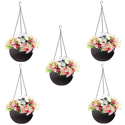 Go Hooked Plastic Hanging Pot, Dark Brown, Pot Diameter-7.1 Inch, Pot Height-4.8 Inch, Pot Thickness-3 mm, Chain Length-13 inch approx., 5 Pieces