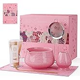 ZENS Matcha Whisk Set, 6pcs Matcha Set Pink Includes 15oz Ceramic Bowl and Bamboo Whisk (Chasen Holder) Scoop, 304 Sifter & Pink Tea Mat, Japanesse Matcha Kit for Matcha Latte-Making