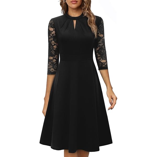 homeyee women's chic v-neck lace patchwork flare party dress a062 HOMEYEE Women's Chic V-Neck Lace Patchwork Flare Benin
