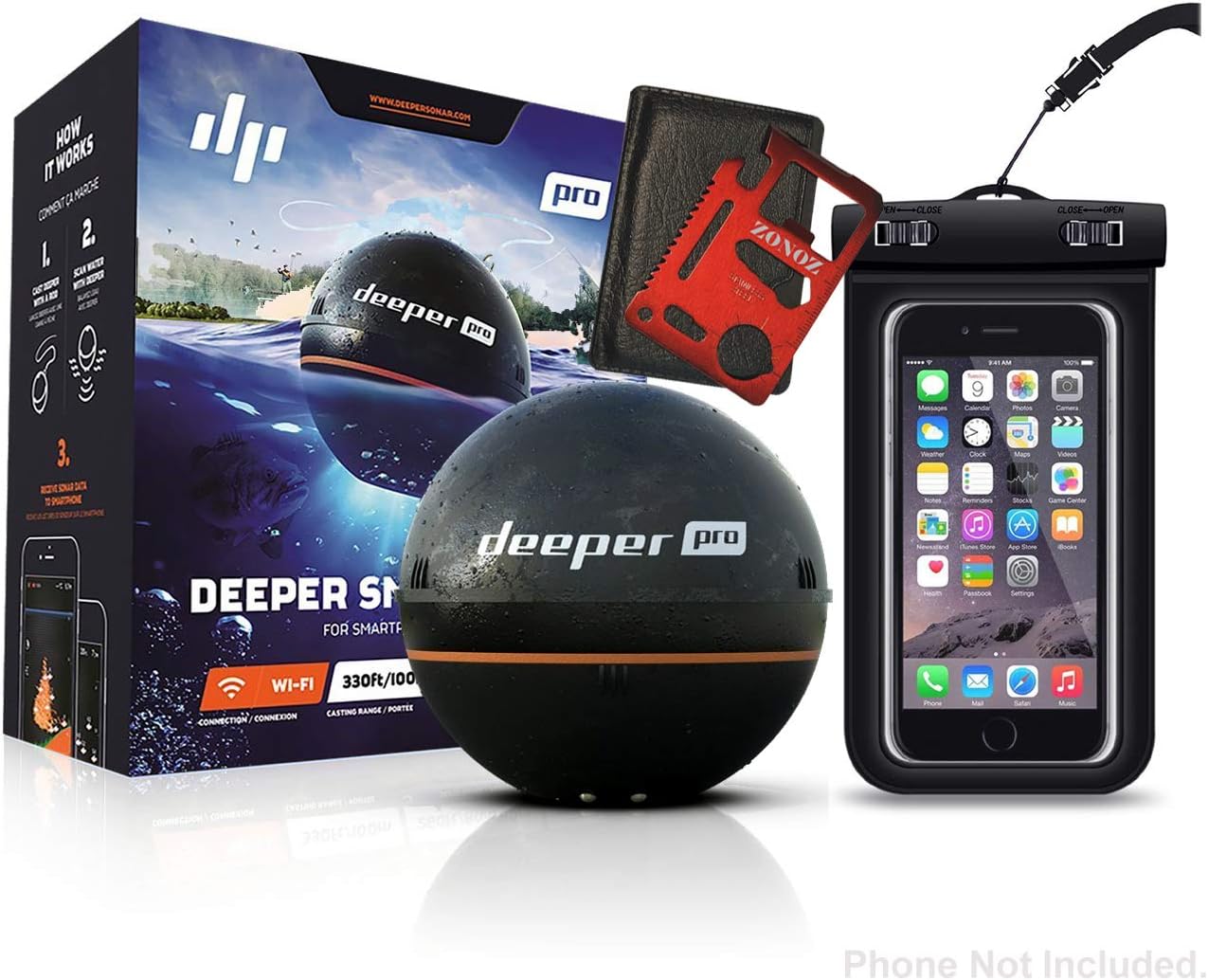 Deeper Smart Sonar PRO Series - Wi-Fi Connected Wireless, Castable, Portable Smart Fishfinder for iOS & Android Devices, Z-Tool & Universal Waterproof Cellphone Case (Bundle)