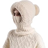 Women’s Knitted Beanie Hat with Face Cover - 3 in 1 Winter Balaclava with Mask Scarf Ear Muffs Pompom Fleece Lined Snow Caps