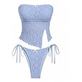 seamoly Lace Asymmetrical Slit Bowknot Decor Tie Side Tankini Set
