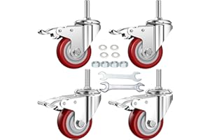 DICASAL 3 Inch Swivel Stem Casters Heavy Duty American Size UNC 1/2"-13x1-1/2 Stem Thread Wheels 360 Degree Durable Wheels Dual Safety Locks Castors with 990 Lbs Capacity Pack of Four