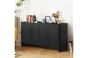 XUZENEST Sideboard Buffets Cabinet, Modern Accent Storage Cabinet with 4 Fluted Doors and Adjustable Shelves, Wood Credenza Buffet Sideboards, Console Table for Kitchen Dining Living Room Entryway (Black)