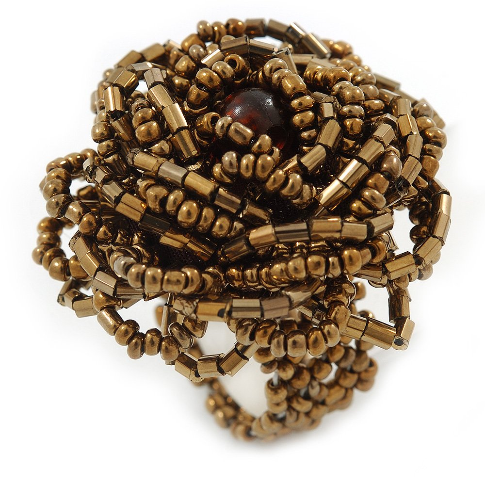 Avalaya Bronze Coloured Glass Bead Flower Stretch Ring - 40mm Diameter