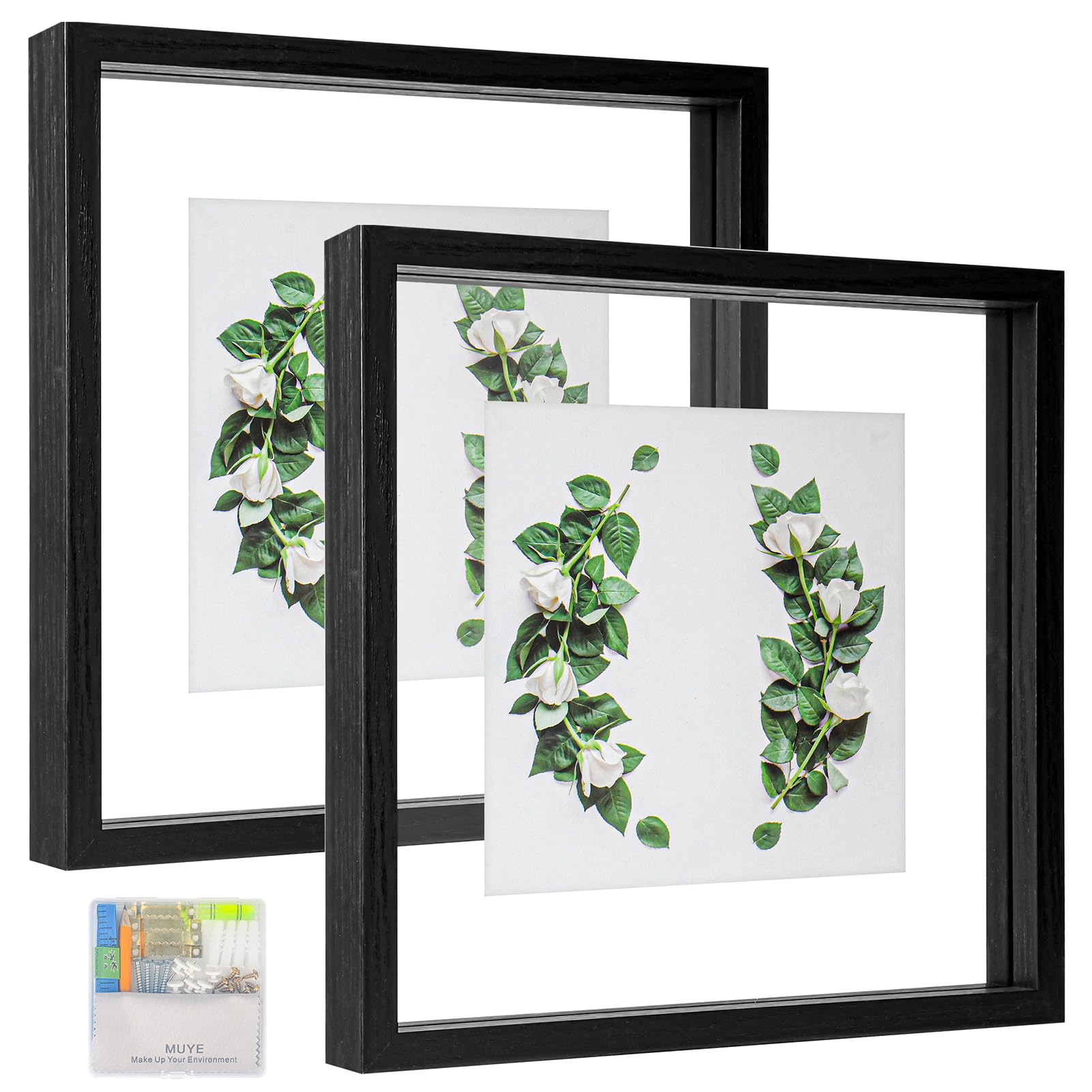 Photo 1 of MUYE 10x10 Floating Frames Set of 2,Double Glass Picture Frame Display Any Size Photo up to 10x10,Wall Mount or Tabletop Standing,Black