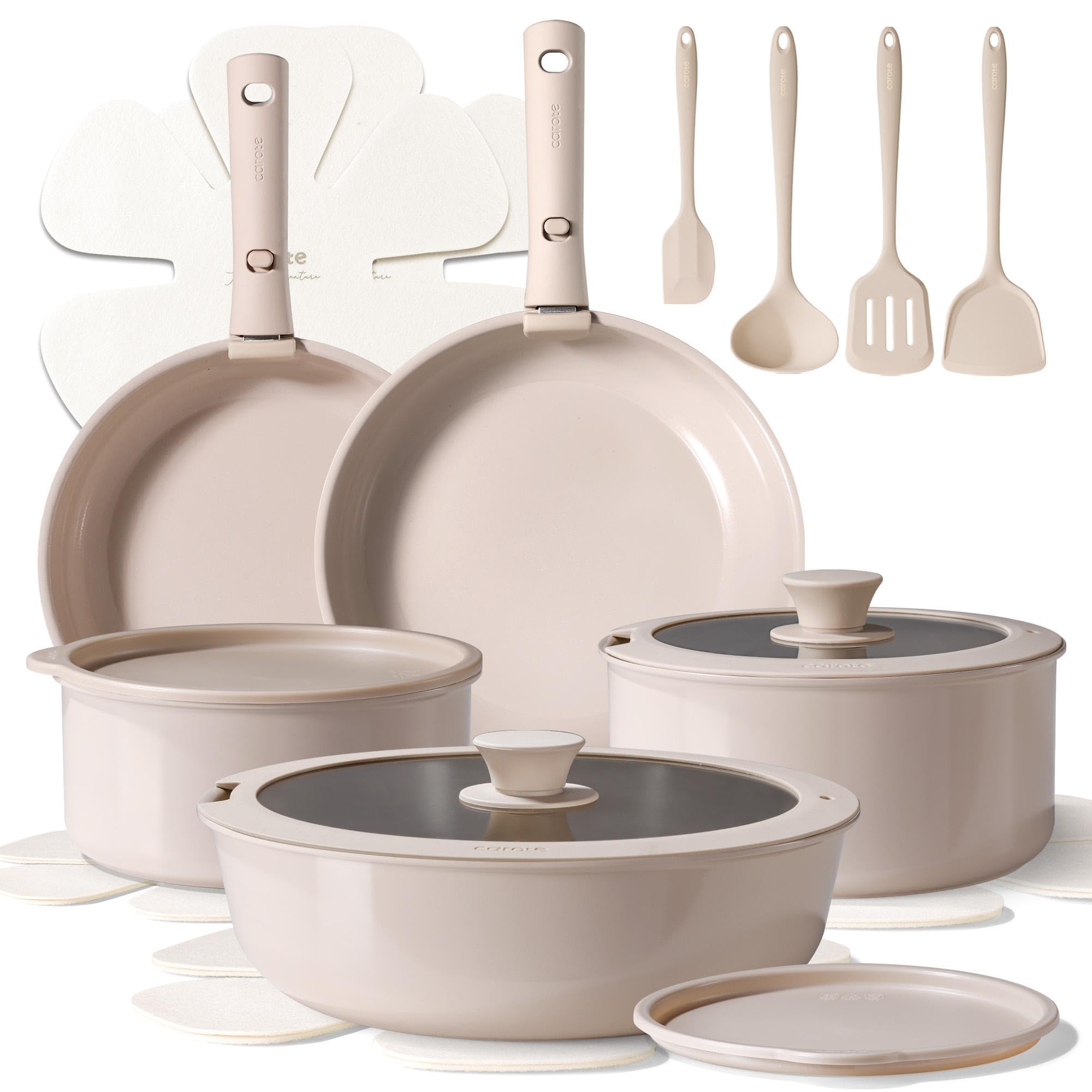 Photo 1 of CAROTE Ceramic Cookware Sets, Pots and Pans Set Non Stick Non Toxic, Induction Cookware, Kitchen Cookware Sets, Pots Set for Healthy Coooking 19Pcs, Taupe