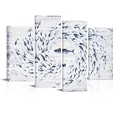 FuShvre Fish Wall Art Sea Animal Picture Prints on Canvas Navy Blue Ocean Life Painting for Modern Home Office Decor Framed Large