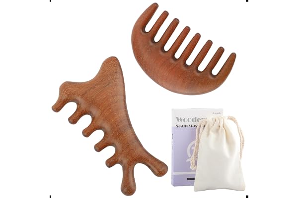 FREATECH 2 Pcs Wooden Scalp Massager Comb Set for Lymphatic Drainage & Hair Growth, Gua Sha Head Massager with Wide Tooth Com