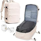 SEAFEW Large Travel Backpack with Vacuum Seal Compression, Vacuum Travel Flight Backpack with Electric Pump, Waterproof Work Backpack Compression bags Casual Daypack with USB Charging Port, Beige