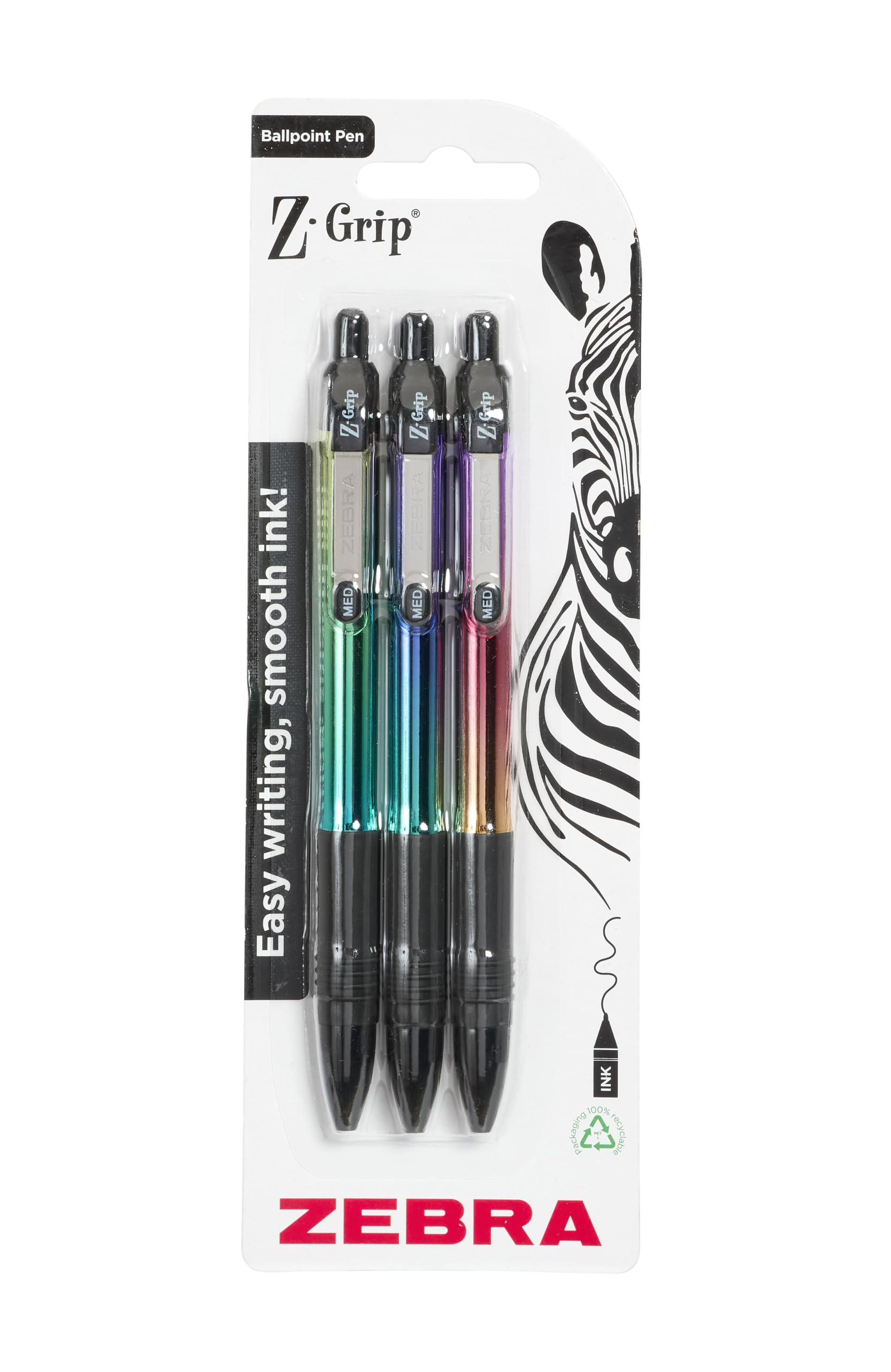 Zebra Pen Z-GRIP Smooth Elegance Metallic Ballpoint Pens 3pk – Black Ink 1.0mm Medium Point Retractable Ink Pens with Clip, Smooth Writing Pens with Comfort Grip, 3 Pens Multipack
