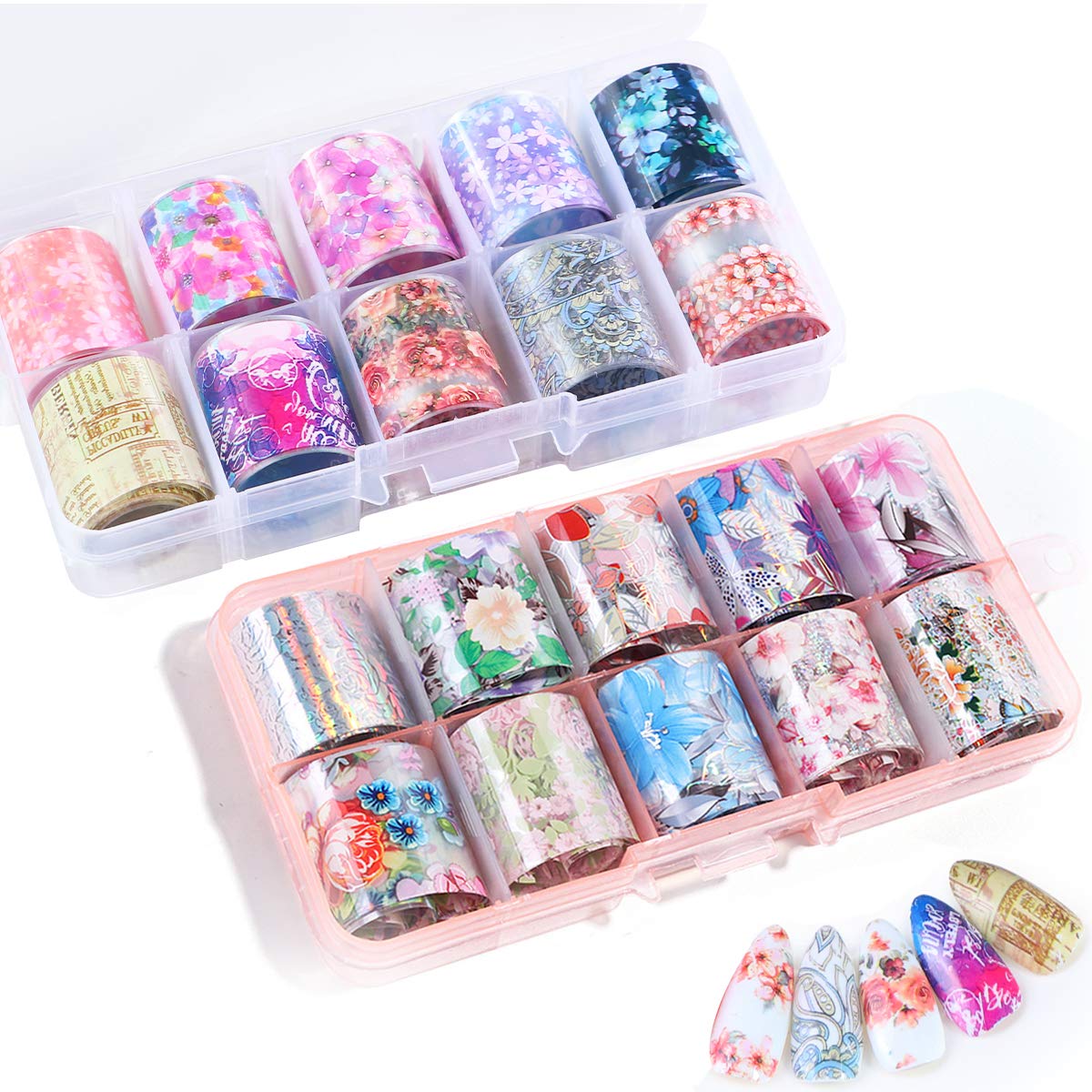 20 Rolls Randomly Flower Nail Foil Transfer Stickers, Mwoot Holographic Flower Nail Art Stickers Tips Wraps Adhesive Glitters Acrylic DIY Nail Decoration, Starry Sky Patterns Manicure Kit (2 Boxes)