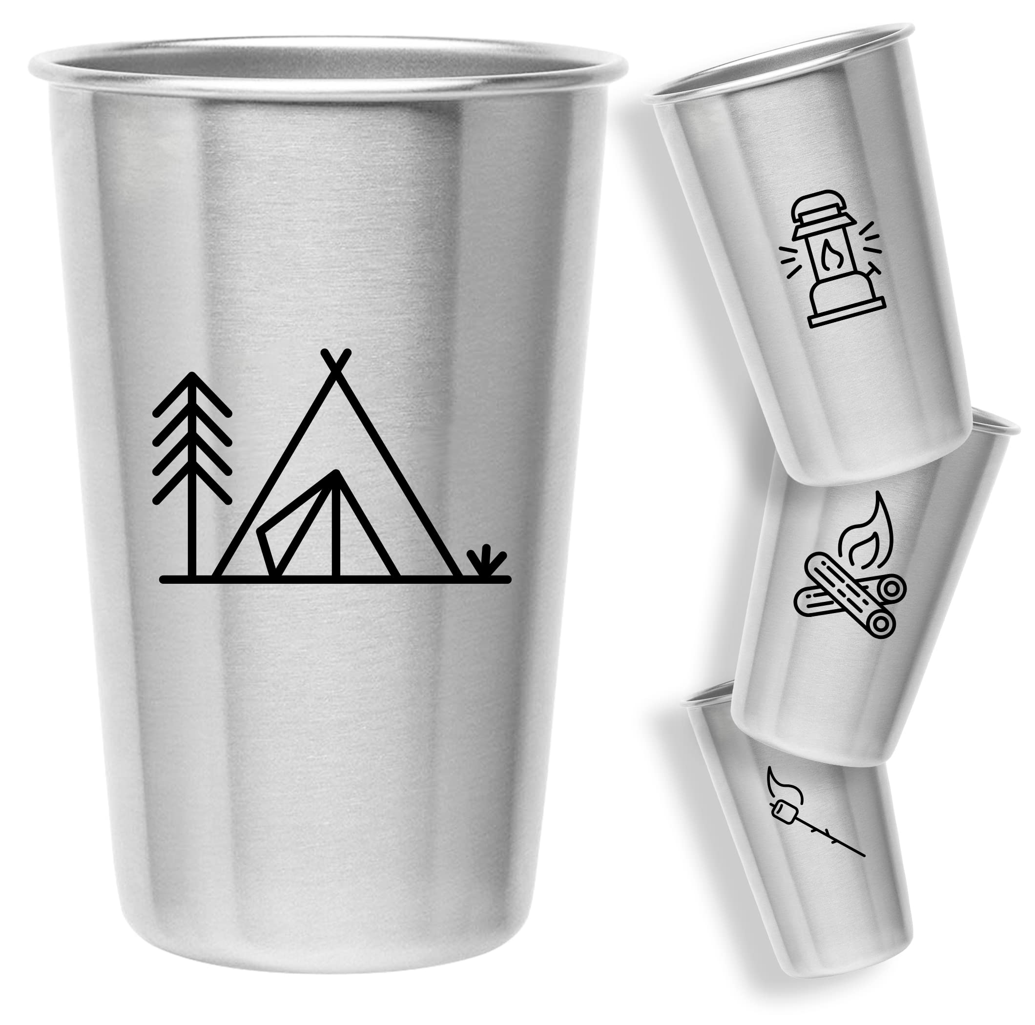 Magic Pine Set of 4 Stainless Steel Cups with Camping Theme - Camping Gift for Men or Women, Decor for Your RV or Camper - 16oz Capacity - Glasses Safe for Kids
