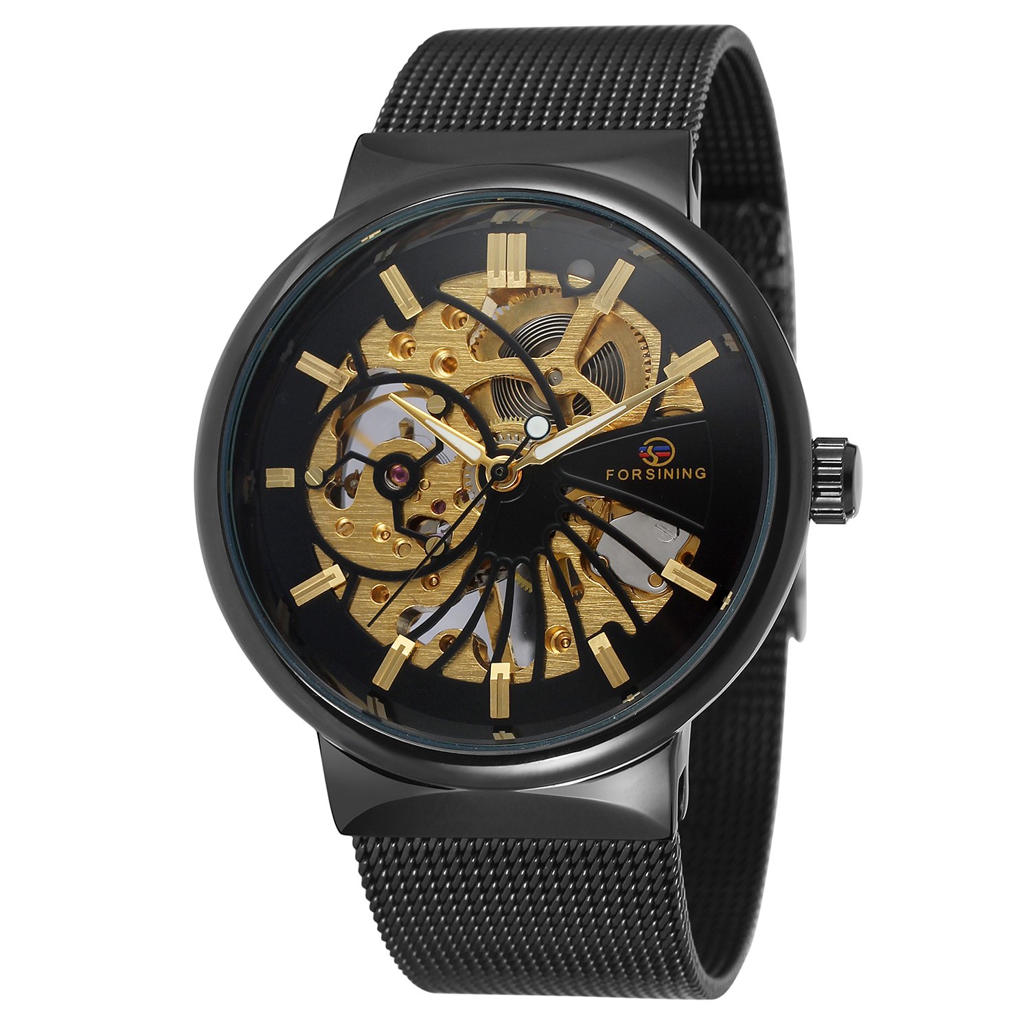 FORSINING Men's Popular Mechanical Hand-Wind Ultra Thin Stainless Steel Bracelet Mesh Skeleton Wrist Watch