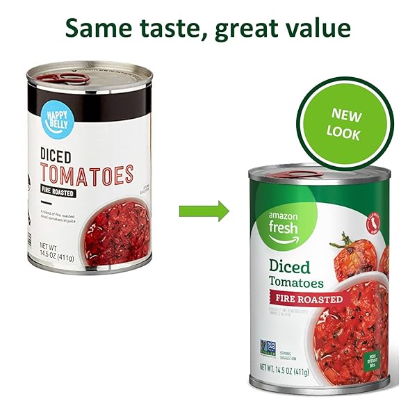 AMAZON FRESH, FIRE ROASTED DICED CANNED TOMATOES, 14.5 OZ (PREVIOUSLY HAPPY BELLY, PACKAGING MAY VARY)